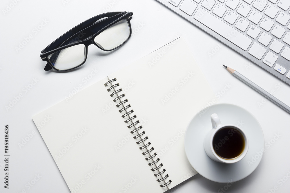 Office desk table with supplies. Flat lay Business workplace and objects. Top view. Copy space for text Office desk table with supplies. Flat lay Business workplace and objects. Top view. Copy space for text