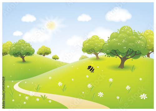 Vector cartoon illustration of a beautiful spring sunny meadow
