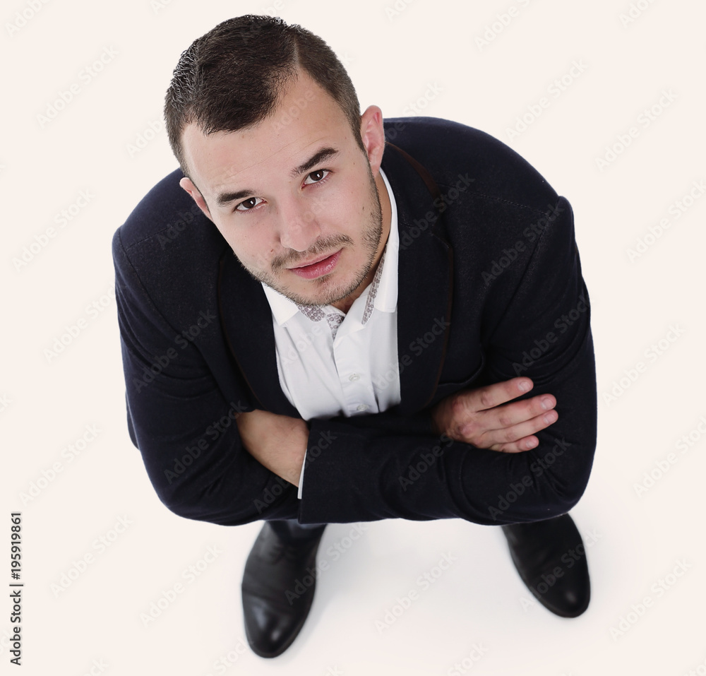 top view of young businessman looking at the camera top view of young businessman looking at the camera