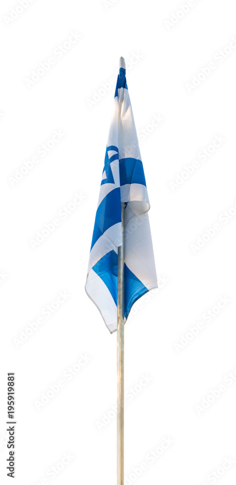 Israel flag flapping in the wind isolated on white. The flag is on a ...