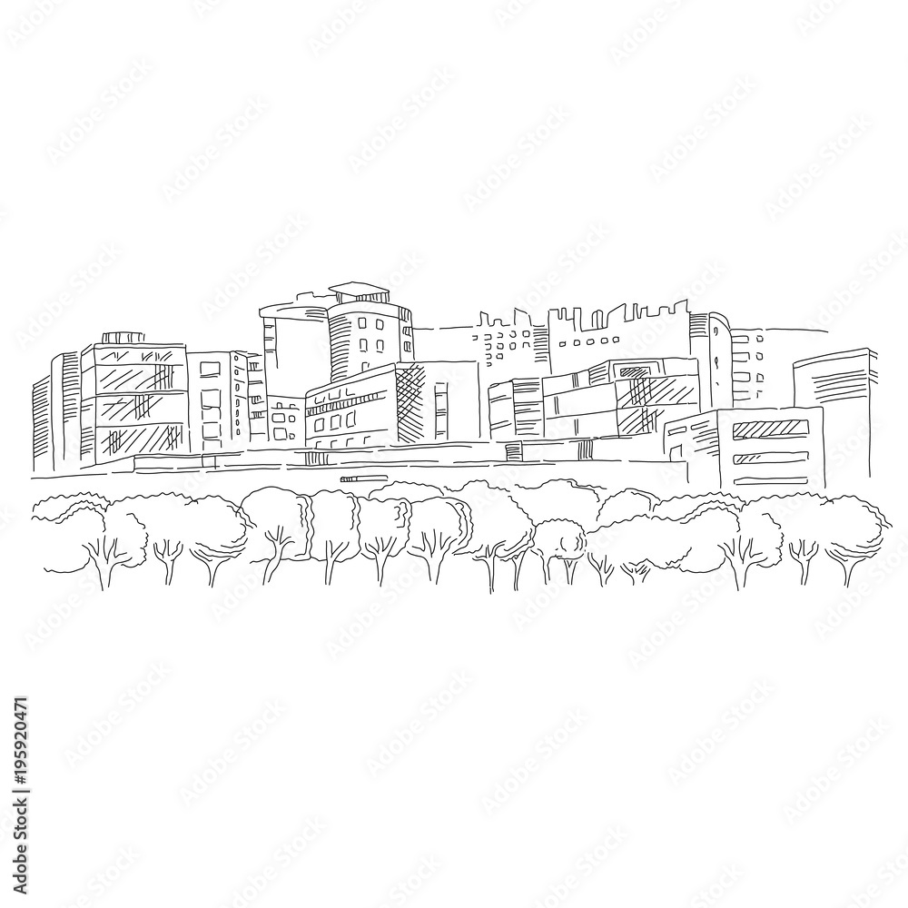 Sketch of vector modern urban lisbon view with skyscrapers