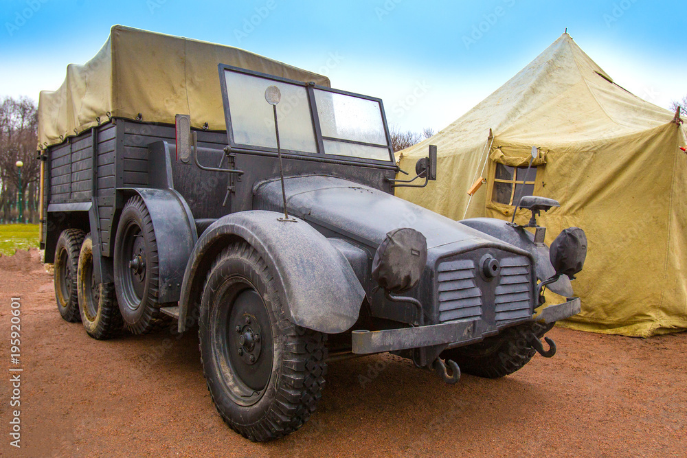 Military Retro car. Military truck. Military transport of the United States to America during the Second World War.