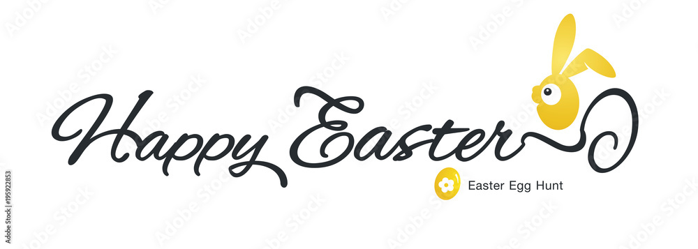 Obraz premium Happy Easter hand drawn calligraphy with yellow egg and little rabbit