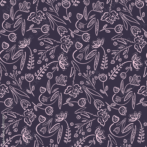 Dark violet seamless pattern with doodle hand drawn flowers and leaves. Romantic vintage sketchy purple meadow flowers texture for textile  wrapping paper  cover  surface  wallpaper  background