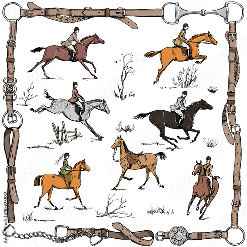 Equestrian sport fox hunting with horse riders english style on landscape. England steeplechase tradition in leather belt frame with bit, saddle, horse riding tool. Hand drawing vector vintage art.