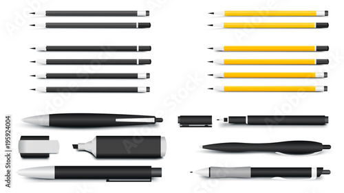 Pens, Pencils, Markers And Textliner. Most Popular Writing Materials For Corporate Identity Mockups. Vector Illustration