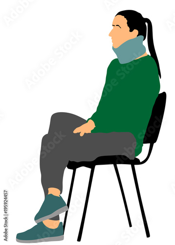 Girl's neck in the collar of the trench vector illustration.  Injured woman with neck brace sitting in ambulance. Waiting for doctor in hospital. Medic help for patient .