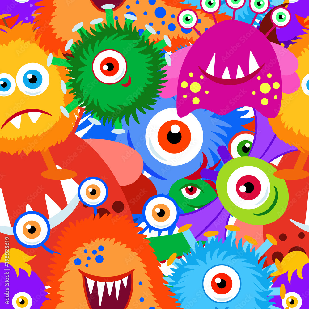 Naklejka premium Colorful crazy cartoon monster seamless pattern. Background, fabric, wrapper, backdrop.Vector file not cropped - clipping mask used for easy editing
