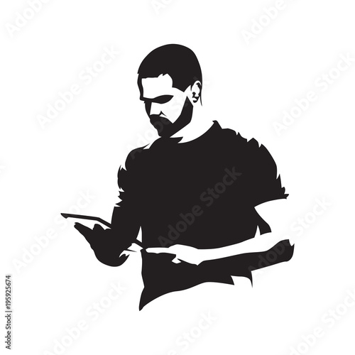 Adult man holding tablet in his hands, abstract isolated vector silhouette
