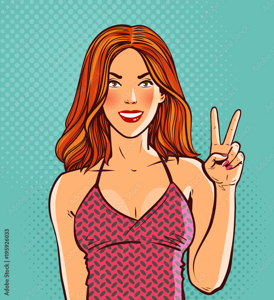 Beautiful redhead girl. Hand gesture is symbol of victory or peace. Pop art retro comic style. Cartoon vector illustration Beautiful redhead girl. Hand gesture is symbol of victory or peace. Pop art retro comic style. Cartoon vector illustration