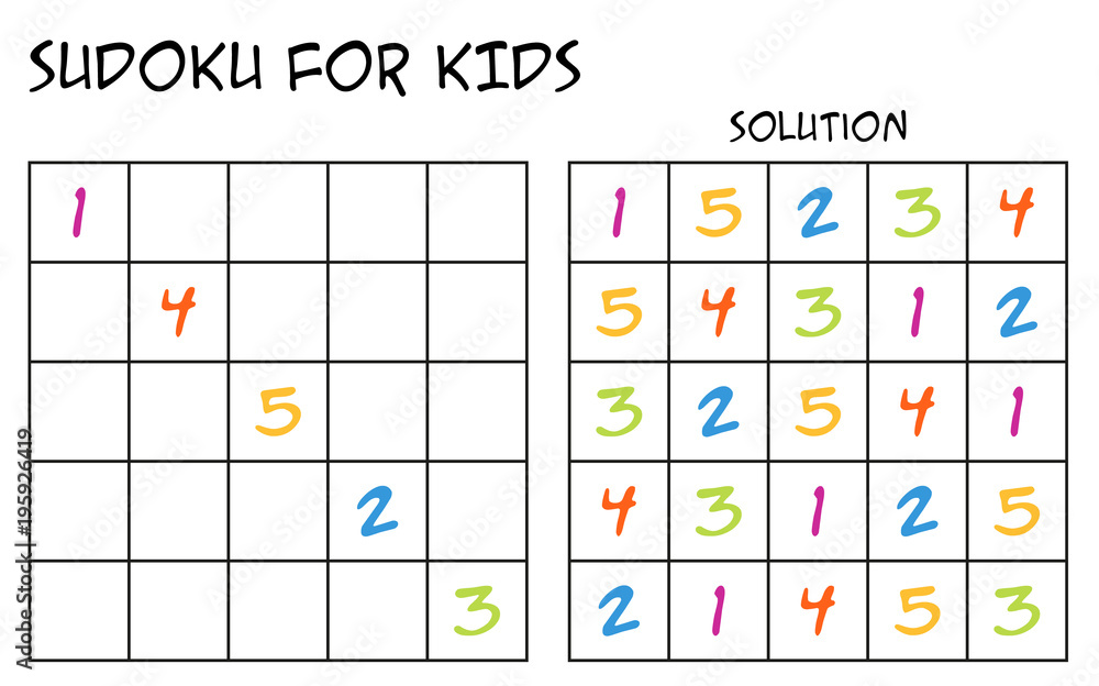 Sudoku for kids with solution, puzzle for children to complete each row or column with just one of each colorful numbers, mental task, logical but easy challenge