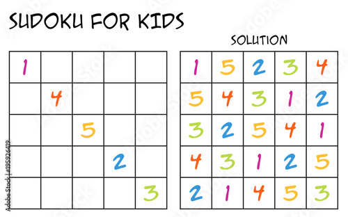 Sudoku for kids with solution, puzzle for children to complete each row or column with just one of each colorful numbers, mental task, logical but easy challenge