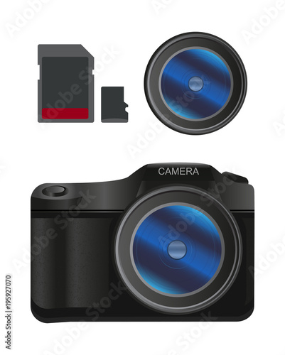 Vector photographic set - Digital SLR camera, lens, memory card and micro memory card isolated on a white background