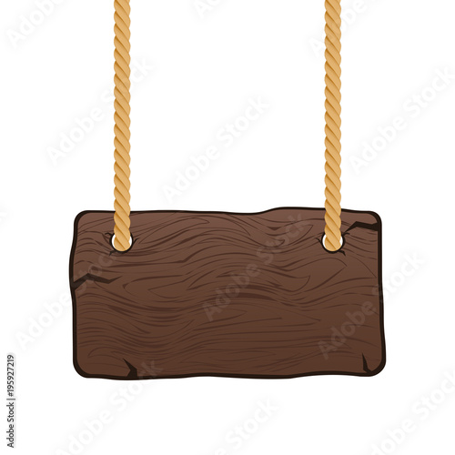 Wooden singboard on rope. Blank cartoon wood sign hanging on ropes. Vector illustration.