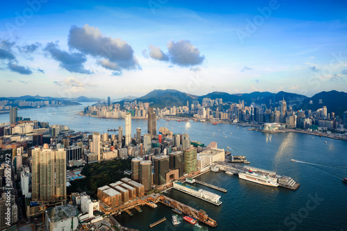 Photography Hong Kong city aerial view with urban skyscrapers, View from Sky 100, Hong Kong