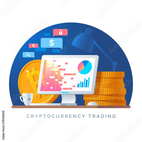 Cryptocurrency trading illustration. Workplace with computer and pile of gold coins. Purchase of digital coins. Digital currency trading concept. Vector eps 10.