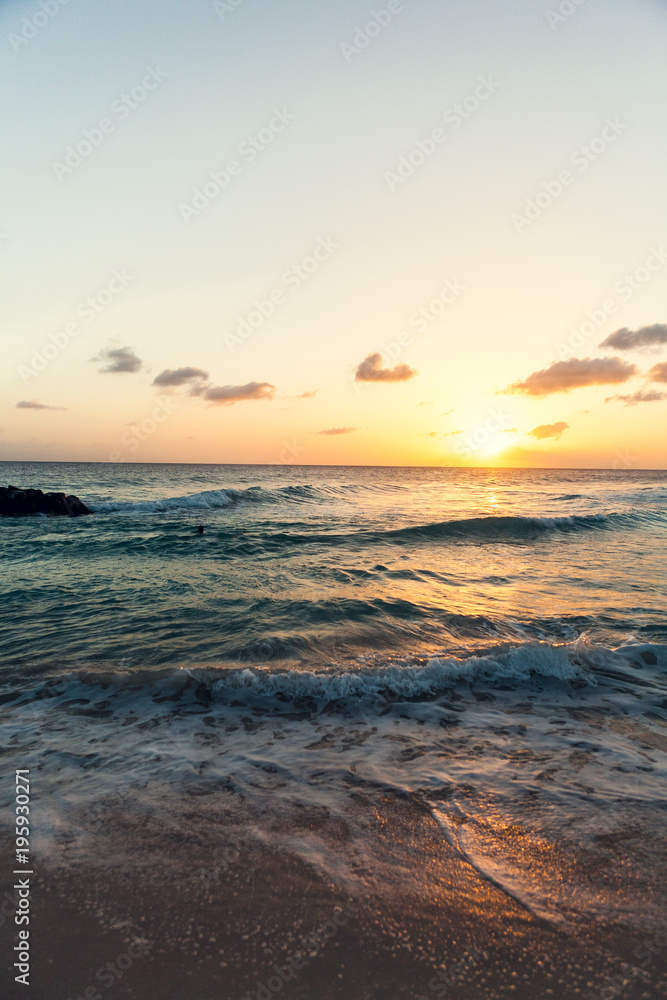 Barbados Beach at Sunset, Yellow and Orange Sky, Waves