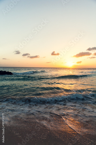 Barbados Beach at Sunset  Yellow and Orange Sky  Waves