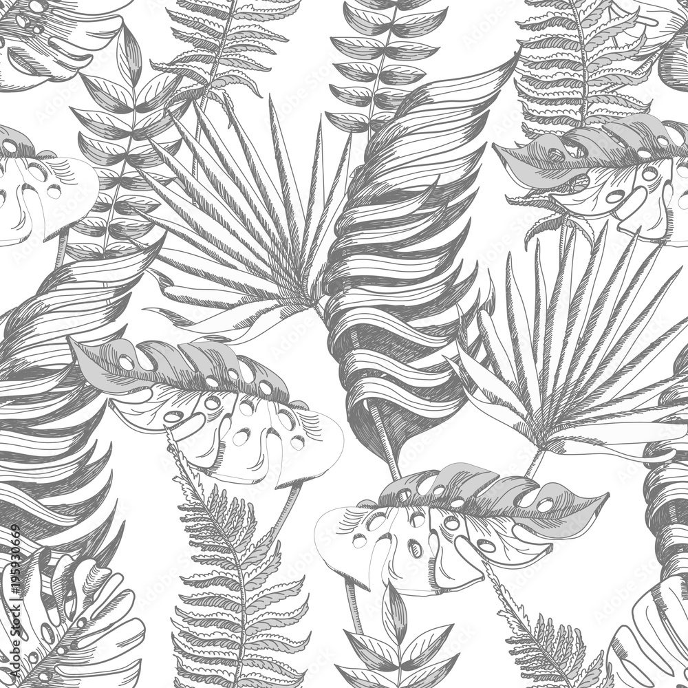 Fototapeta Seamless pattern with graphic tropical leaves. Vintage background.