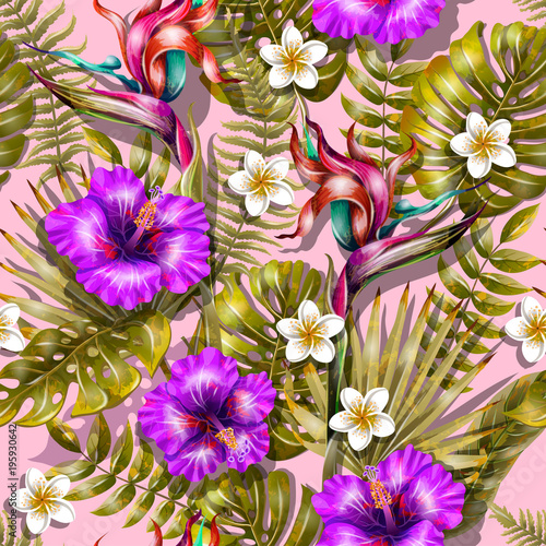 Seamless pattern with tropical flowers and leaves. Hibiscus, plumeria and strelicia flowers realistic.