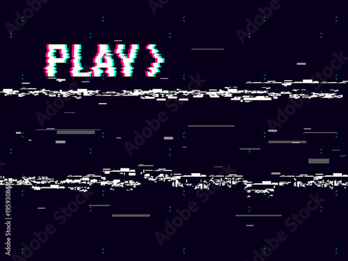 VHS glitch. Play effect background. Retro playback concept. 8 bit pixel inscription. Glitched lines noise. No signal. Vector illustration