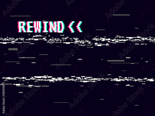 Rewind glitch background. Retro VHS template for design. Glitched lines noise. Pixel art 8 bit style. Vector illustration photo