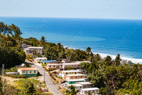 Panoramic View of a Small Tropical Town, Road and Caribbean Sea, in Barbados