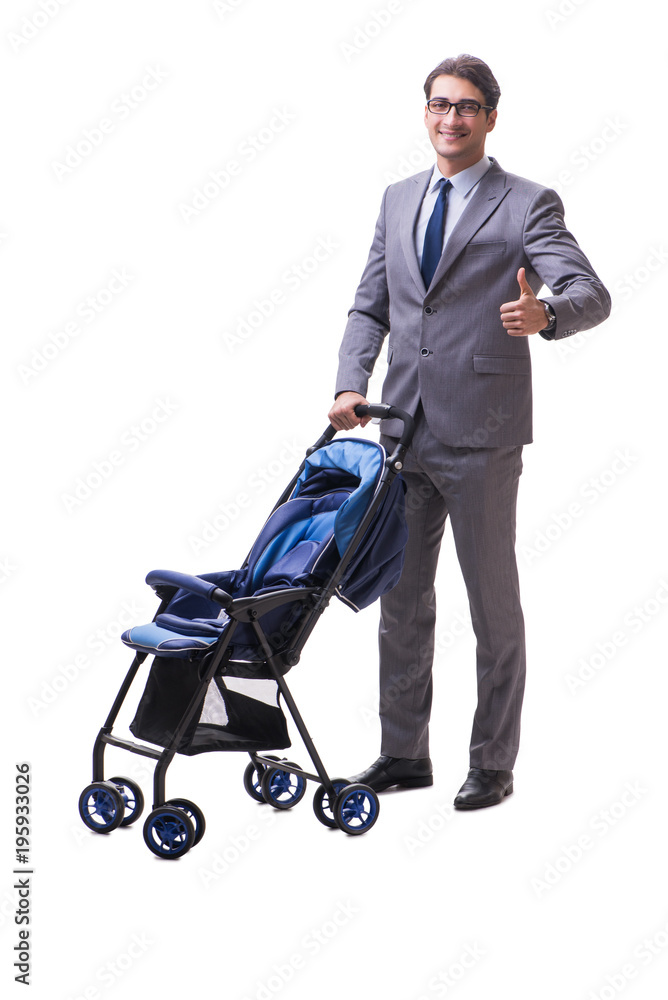 Young businessman nursing child in pram isolated on white Young businessman nursing child in pram isolated on white