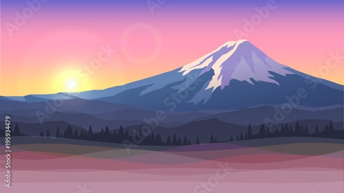 Vector illustration with Mount Fuji, sunset