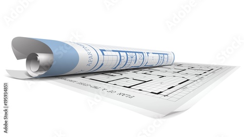 Vector illustration with architectural or engineering plans and blueprints on white background