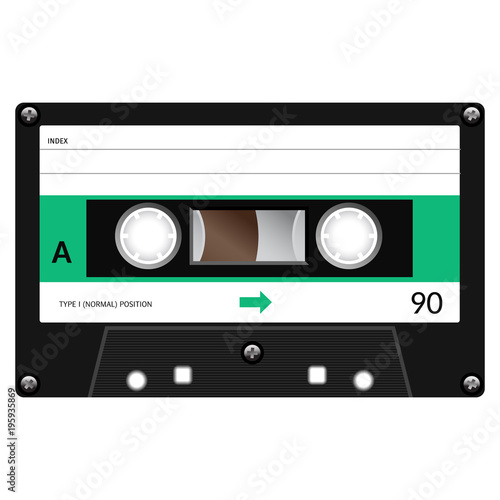 Vintage audio cassette tape design, flat illustration.