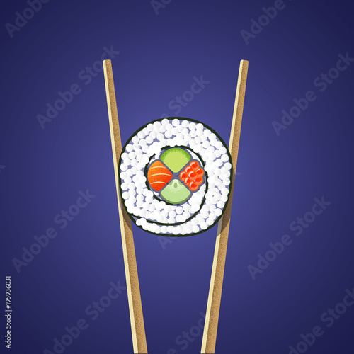 Sushi roll with chopsticks on the dark blue background