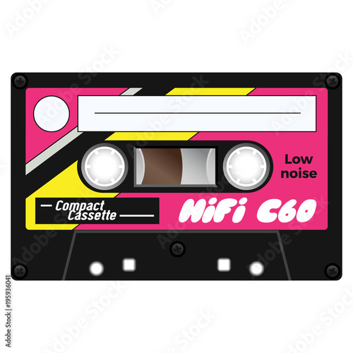 Vintage cassette illustration, simple flat design on white background.
