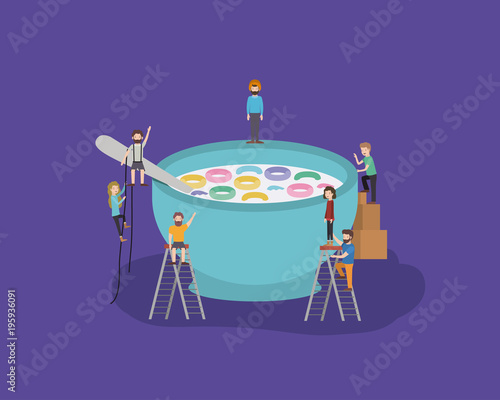 mini people group with cereal and milk vector illustration design