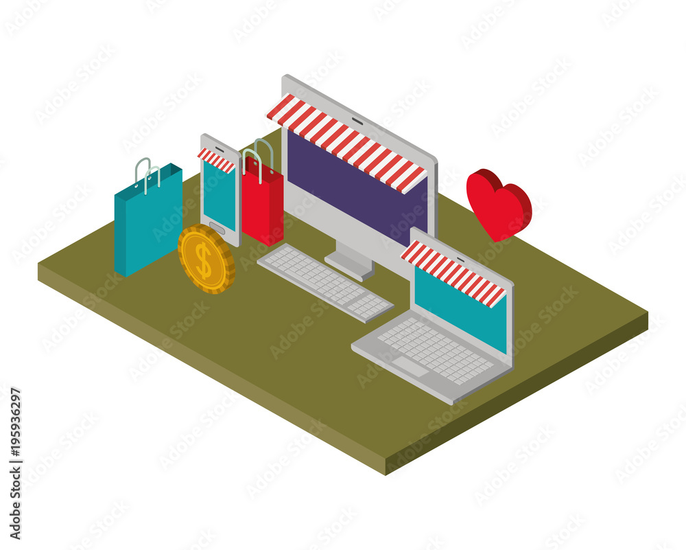 Fototapeta premium computer desktop with shopping bags and heart isometric icon vector illustration design