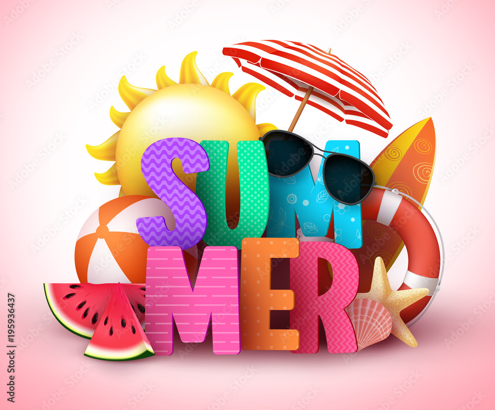 Summer 3d text vector banner design with colorful title and realistic tropical beach elements in a background for summer holiday season. Vector illustration. Stock Vector Adobe Stock