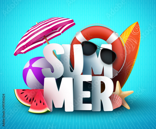 Summer vector banner design with white 3D text title and colorful realistic tropical beach elements in blue pattern background for summer holiday season. Vector illustration.
