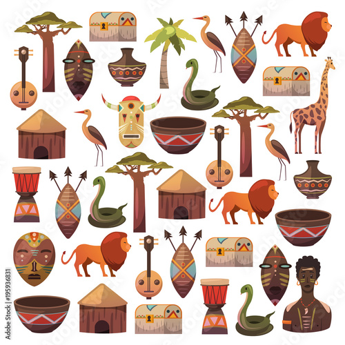African pattern. Travel to Africa ethnic icons. Tribal illustration. African mask, animals, house, tree, palm, baobab
