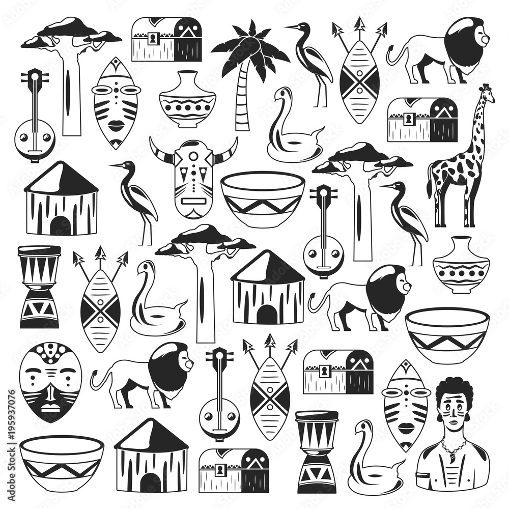 African pattern. Travel to Africa ethnic icons. Tribal illustration. African  mask, animals, house, tree, palm, baobab Stock Vector | Adobe Stock