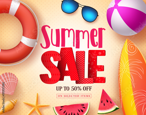 Summer sale vector banner design with red 3D sale text and colorful beach elements in yellow pattern background for summer seasonal discount promotion. Vector illustration.

