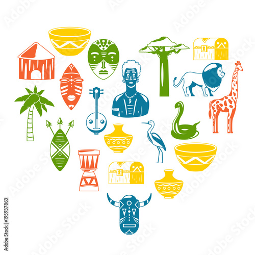 I love Africa. Heart of Africa. African tribal icons, heart shape. Pattern. Masks, animals, birds, music, culutre. T-shirt print. photo