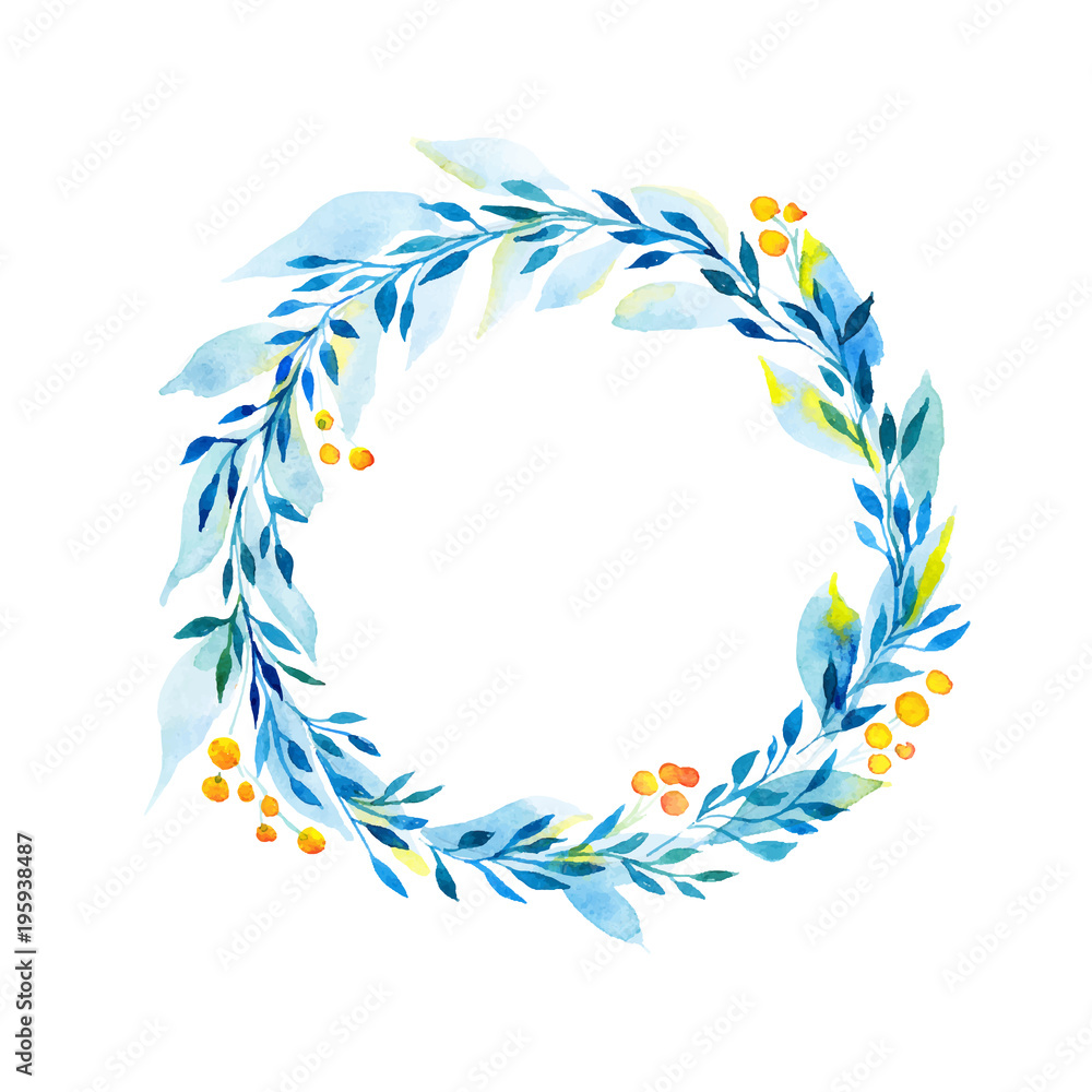 Obraz round wreath with watercolor green leaves and branches. Watercolor floral frame. Green leaves and red berries..Floral motifs and watercolor. Background for a text.