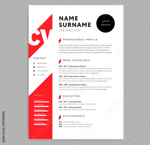 Creative CV / resume template red color background minimalist vector