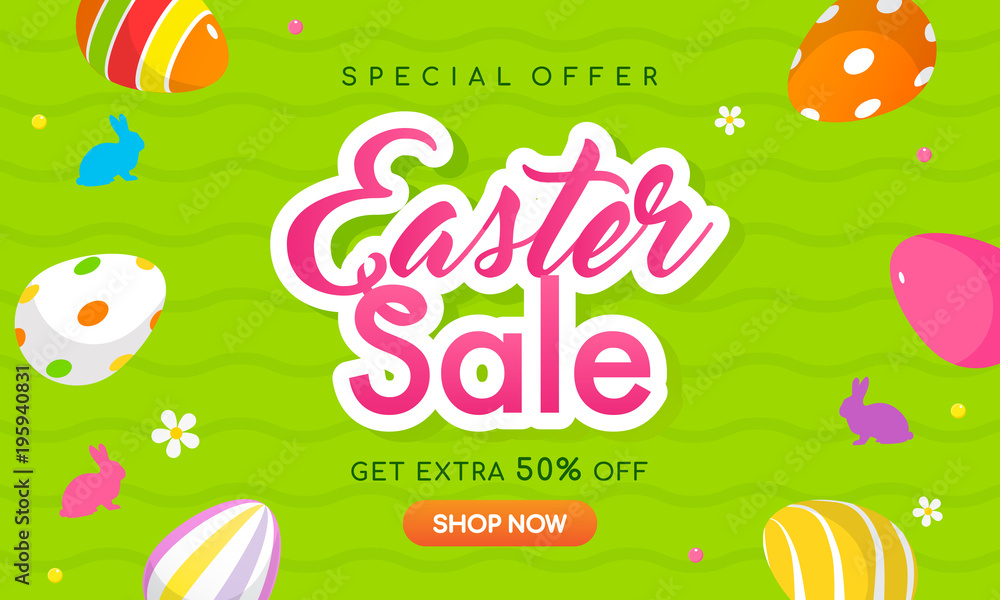 Easter Sale Banner Vector illustration, Colorful Easter eggs and bunny shaped candies on green background