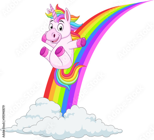 Cartoon unicorn sliding on rainbow