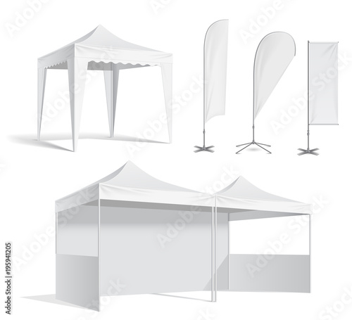 Advertising promotional outdoor mobile tent. Flag. Mock up blank template. Illustration isolated on white background vector