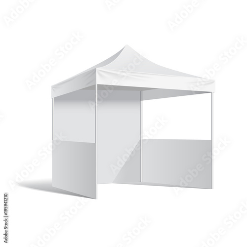 Vector pop up white realistic tent for outdoor event. Illustration isolated on white background vector