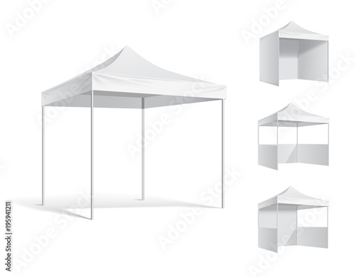 Vector pop up white realistic tent for outdoor event. Illustration isolated on white background vector