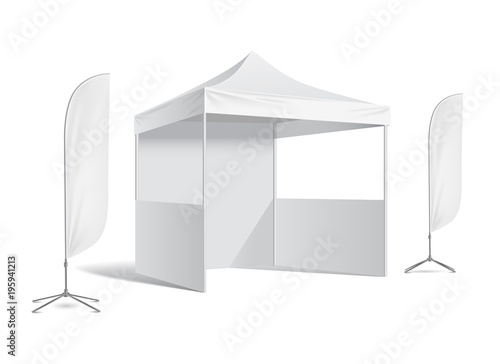 Mobile marquee tent for trade show.  Flag. Vector mock up protection roof form sun and rain illustration