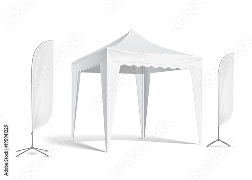 Vector pop up white realistic tent for outdoor event. Illustration isolated on white background vector